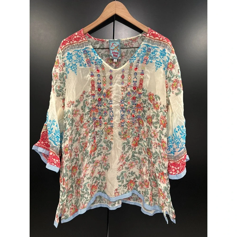 Johnny Was Embroidered Floral Cupra Rayon Tunic Top V-Neck Boho C11919B-D Medium - Picture 1 of 5